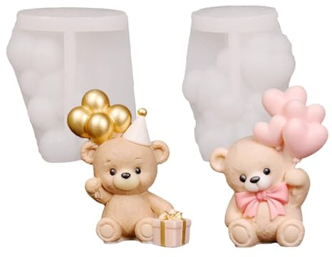 JS MOLD Set di 2 stampi in silicone per candele orsacchiotti, stampi 3D con palloncini a forma di cuore e regalo, stampo per candele, sapone, resina epossidica e decorazioni