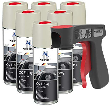 AUPROTEC Pistolengriff + Normfest 2K Grundierfüller Epoxy Lack Füller Grundierung Spray matt beige 6X 400ml