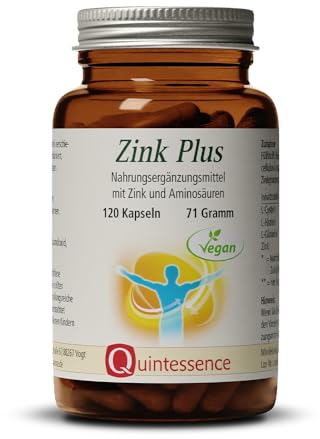 Quintessence Zink Plus - Premium Kapseln 120 Stk. - 15 mg Zink pro Kapsel, Vegan, ohne Zusatzstoffe, abgerundet mit 3 wertvollen Aminosäuren, Produziert in Deutschland