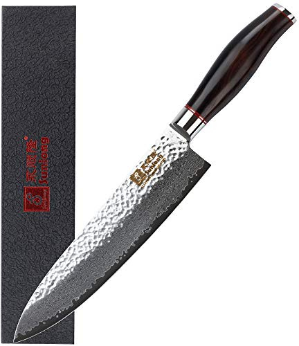 Sunlong Couteaux de chef 8 pouces Gyuto japonais martelé Damas acier naturel ébène manche en bois