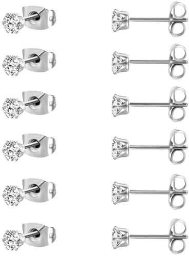 18K White Gold Plated Earrings Set 4 MM Round Clear Cubic Zirconia Stud Earrings Hypoallergenic CZ 6 Prong Ears Jewelry for Women - Pack of 6 Pairs