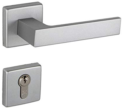 JUVA Drückergarnitur Aluminium Türbeschlag Chrom matt silber Türgriff Zimmertür auf eckiger Rosette | PZ - Zylinder | Türdrücker-Garnitur Innentür | PUSH 1317 | 1 Türgarnitur mit Befestigungsmaterial