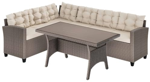 CASARIA® Lisbon Polyrattan Garden Corner Lounge Dining Table Set | Bench WPC Table Top 7cm Thick Seat Cushions | Weatherproof Outdoor Patio Seating Group Garden Furniture | Cream