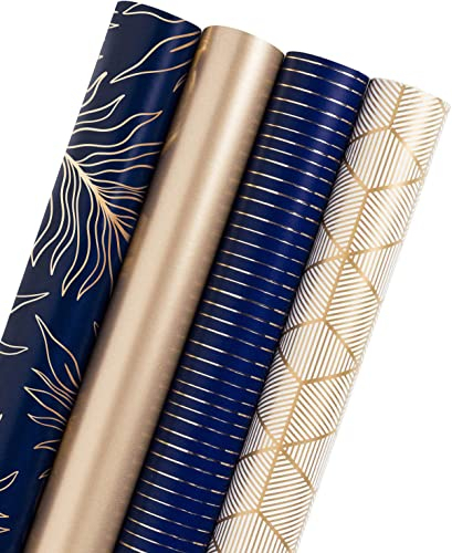 RUSPEPA Geschenkpapierrolle - Gold Und Navy Print Mit Linien Zum Geburtstag, Urlaub, Vatertag, Baby Shower Geschenkpapier - 4 Rollen -76 X 305 cm Pro Rolle