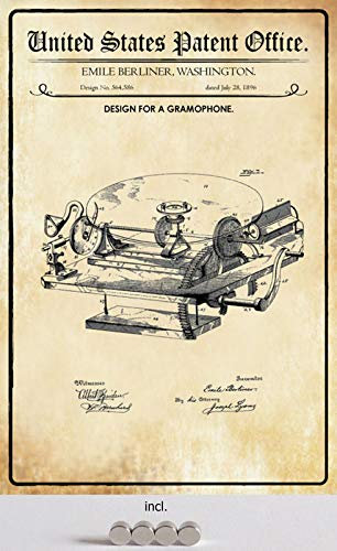 Blechschild 20x30cm gewölbt incl. 4 Magneten Patent Entwurf für EIN Grammophon 1896 Deko Geschenk Schild