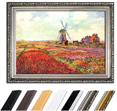 Bild mit Rahmen - Claude Monet Tulpen von Holland 110x85 cm - Gerahmtes Leinwandbild Alte Meister - Antiker Rahmen Silber Barock, Klassisch