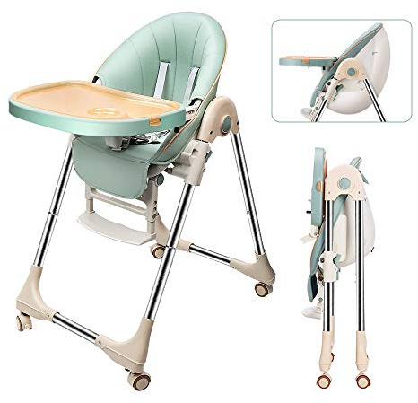 OUNUO Trona para Bebe Evolutiva, Trona para bebés Plegable con bandeja extraíble, Tronas bebe Ajustable 5 Alturas, 4 ruedas, Verde