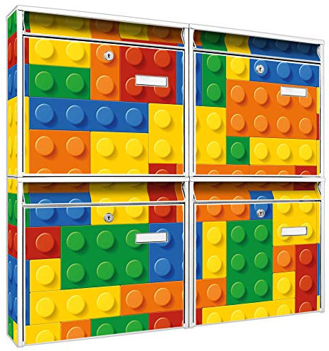 banjado Briefkastenanlage 4 Fach - Postkästen groß - verzinkter Stahl weiß DIN A4 Motiv Bausteine - Briefkasten Set 4 Briefkästen Namensschild, 2 Schlüssel, Montagematerial