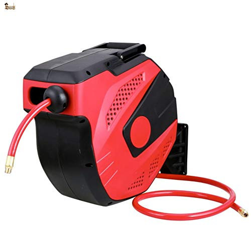 BricoLoco Enrollador automático manguera aire comprimido para compresor. Tambor 15+1 metro. Retráctil. Soporte a pared que permite giro a 180º. Manguera PVC flexible.