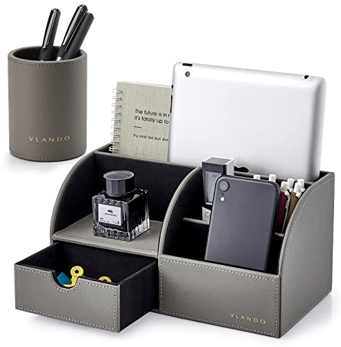 VLANDO Schreibtisch Organizer mit Stifthalter mit Schublade,für Bürobedarf | Geschenke für Ehemann oder Vater,PU Leder,Organizer schreibtisch für Tablet PC, Fernbedienung,Büro Organizer,Grau