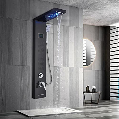 Panneau de douche LED en acier inoxydable, tour de pluie, système de buse de massage en cascade, colonne de douche mélangeuse-Noir 8011