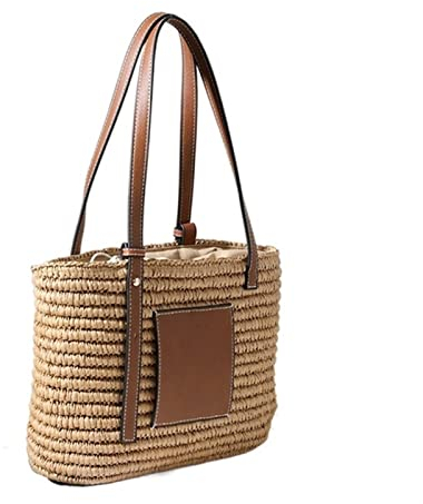 FJZFXKZL Strandtasche Stroh, Sommer Damen Stroh Umhängetasche Große Kapazität Rattan Tote Handtasche Reise Beachtasche Gewebt Korb Einkaufstasche (Color : Khaki, Size : 27x10x20 cm)