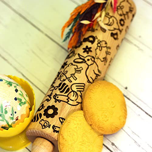 Decoresca - Rouleau à pâtisserie à motifs pour Pâques - Avec recette et bordure - Rouleau à pâtisserie en bois pour biscuits faits maison avec gravure - Grand (Pâques 2)