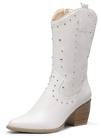DREAM PAIRS Women's Comfortable Western Boots Waterproof Cowboy Cowgirl Pull-on Mid Calf Boots Stylish and Beautiful Party Dressing Boots for Ladies