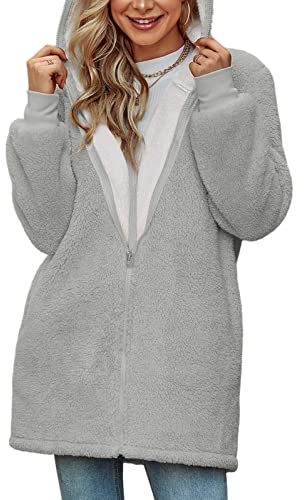 TOMEEK Giacca in Pile con Cappuccio Lungo da Donna Oversize Manica Lunga Soffice Cappotto in Peluche Caldo Giacca in Pile Teddy Giacca Invernale con Cappuccio Capispalla Cardigan, Grigio,XL