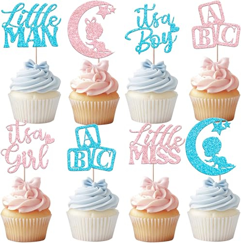 Xsstarmi 24 Pack Boy or Girl Cupcake Toppers Glitter It's a Girl Cupcake Picks It's a Boy Gender Reveal Cake Decoration for Pink or Blue Birthday Party Decorations Supplies