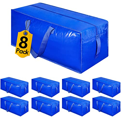Heavy Duty Extra Large Moving Bags with Backpack Straps, Strong Handles and Zippers, Storage Bags for Space Saving, Folds Flat Made from Recycled Material (Blue, Set of 8)