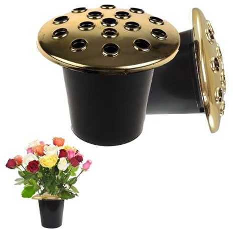 Caliko- Grave Flower Holders Set of 2, Memorial Grave Pots with Gold Lids, Strong Plastic Flower Pots for Graves Insert in Grave-side, Memorial Pots for Graves Decorations. (Pack of 2)