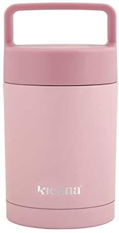 Kichna Double Walled Stainless Steel thermal Food Flask Tub | BPA Free Lid Leak & Spill Proof Jar with Handle | Keeps Cold for 6Hrs or Hot for 6Hrs - Blush Pink