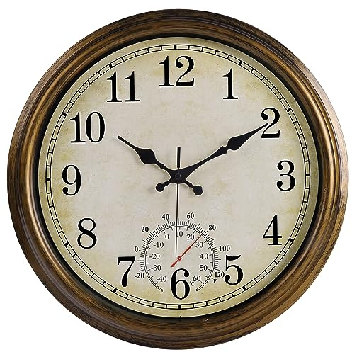 Keureedg 16 Inch Large Outdoor Clock, Waterproof Wall Clock with Thermometer, Battery Operated Silent Non-Ticking Vintage Wall Clock Quartz Round Clock Home Decor,Brown
