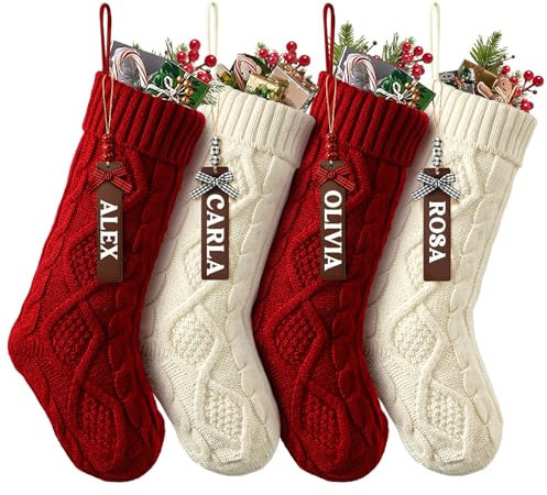 Jodimitty 4er Set Gestrickte Weihnachsstrumpf 46cm Großer Nikolausstrumpf mit 4 Leeren Namensschildern aus Holz, Aufhngen Weihnachtsdeko für Kamin Wand Treppe Weihnachtsbaum Familien Party