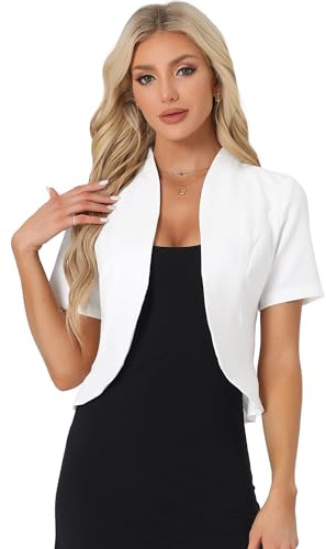 Allegra K Short Sleeve Blazer for Women's Business Suit Jacket Collarless Cardigan White L
