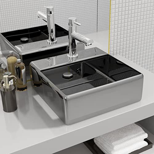 LAPOOH Lavabo con rebosadero 41x41x15 cm cerámica Plateado, Fregadero, Lavabo Baño, Lavamanos Baño, Lavatorio Casa De Banho, Mueble Lavabo sobre Encimera