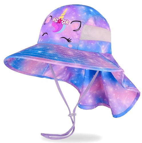 MHJY Kids Sun Hat Girls UV Protection Summer Hats Adjustable Beach Cap Unicorn Bucket Hats with Wide Brim Neck Flap for Toddlers 2-9 Years Purple Blue