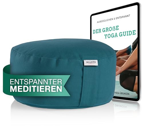 NAJATO Sports Meditationskissen – Yogakissen inkl. E-Book (PDF Datei) – Rundes Yoga Kissen mit Buchweizenschalen-Füllung – 30 cm Durchmesser, 14 cm hoch – Waschbarer Bezug aus Baumwolle (Petrol)