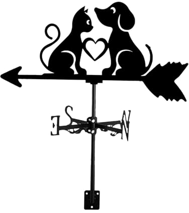 Fenteer Hund Katze Silhouette Metall Windfahne Wetterhahn Haustierliebhaber Geschenk Hof Dach Windrichtungsanzeiger Garten Wetterfahne für Bauernhof