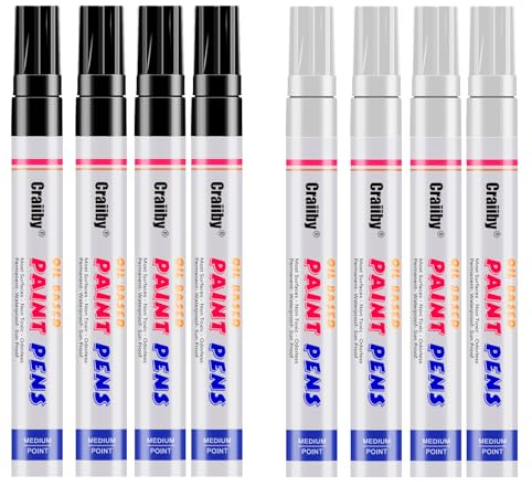 White & Black Paint Markers, 8 Pack Oil-Based Waterproof Quick Dry and Permanent Paint Pen Set for Rocks Painting, Wood, Plastic, Canvas, Glass, Mugs, Metal, Tire, Stone, DIY Craft