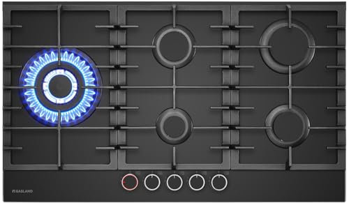 GASLAND PRO GH2905BG1FC Plaque de Cuisson à Gaz en Verre, 5 foyers avec boutons rétroéclairés, 87 cm, brûleurs en laiton, compatible gaz naturel/GPL, Réchaud à Gaz Butane 10400 W, avec 2 supports