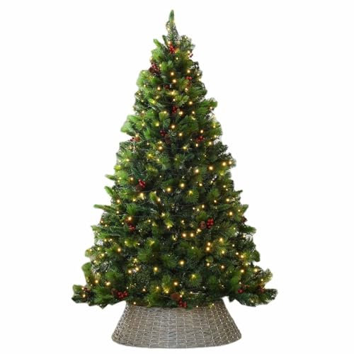 RUYICZB Sapin De Noël Artificiel Pré-Éclairé À Charnières avec Pieds en Métal Robustes, Baies Et Pommes De Pin, Faux Sapin De Noël pour La Maison, Le Bureau, La Décoration De Fête,6ft