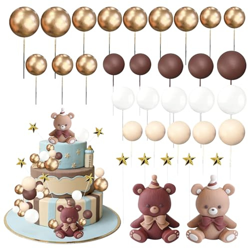 Decoracion Tarta Oso Cumpleaños, 34 Piezas Cake Topper Mini Oso Marrón, Bolas de Decoracion de Tartas, Lindo Topper Tarta Oso para Infantiles Fiestas Accesorios, Cumpleaños, Bodas