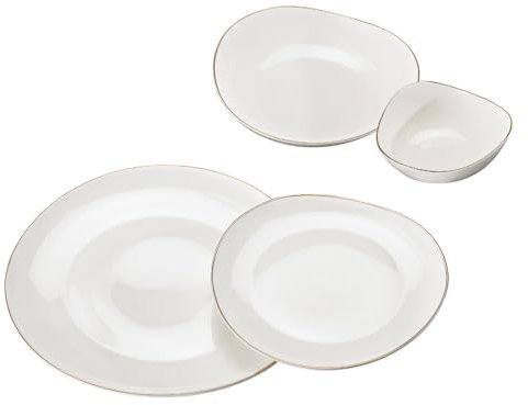 Service de table 24 pièces pour 6 personnes – Blanc avec bordure dorée en porcelaine