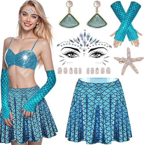 Meerjungfrau-Kostüm Damen mit Fischschuppenrock, Seestern-Haarschmuck, Edelsteine-Gesichtstattoo, Fan-Ohrringe für Halloween, Karneval, Mottoparty, Cosplay