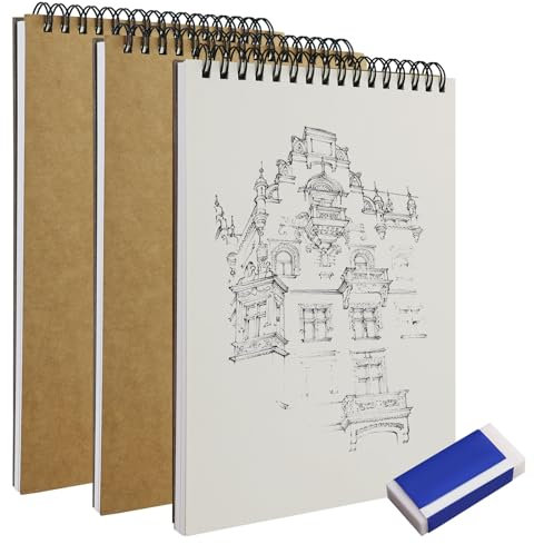 Lot de 3 blocs à dessin A5 - Carnet de croquis à spirale - 60 pages de papier croquis - Panneau rigide sans acide - Pour dessin, croquis, peinture - Avec 1 petite gomme blanche
