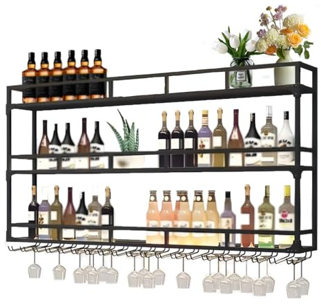 PortabottiglieDa Vino, Portabottiglie Da Parete Con Ripiano Espositivo, 3 Livelli Espositore Per Vino Multifunzionale, Portabottiglie Da Vino A Parete Per Casa, Bar, Ristorante (BLACK, 120*25*90CM)