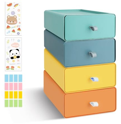 Caja de cajones de escritorio, organizador apilable con etiquetas, gran caja de plástico para papelería, maquillaje (4 unidades de 4 colores)