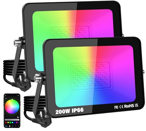 YOJZMA 2 confezione da 200W Faretto LED per esterni con spina, Intelligente RGB fai da te Scene Illuminazione paesaggistica con cambio colore con controllo APP, IP66 Impermeabile per giardini Cortili