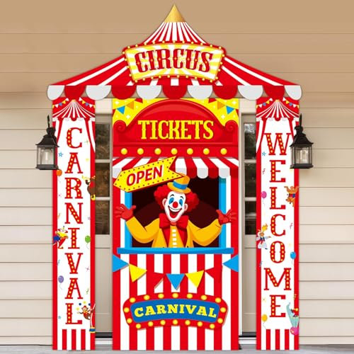 4Pcs Carnival Circus Tent Decorations Include Red and White Striped Porch Banner Awning Hanging Halloween Banners Ticket Booth Clown Theme Door Cover Backdrop Birthday Party Indoor Outdoor Supplies