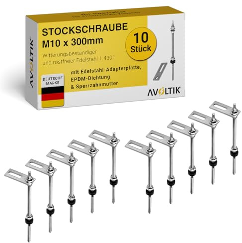 Avoltik Stockschrauben Edelstahl M10 x 300 mm mit Adapterblech I 10 Stück I wetterfeste M10 Stockschrauben mit Dichtung & Sperrzahnmutter