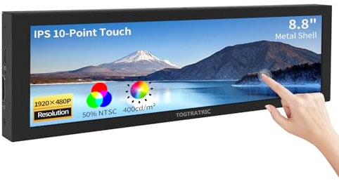 TOGTRATRIC 8.8 Inch Mini Touchscreen Stretched Bar Monitor 1920 * 480, Metal Shell IPS Portable Touch Display, HDMI, USB-C, Small Screen for Raspberry Pi Laptop Aida64 GPU CPU RAM Monitoring PC Case