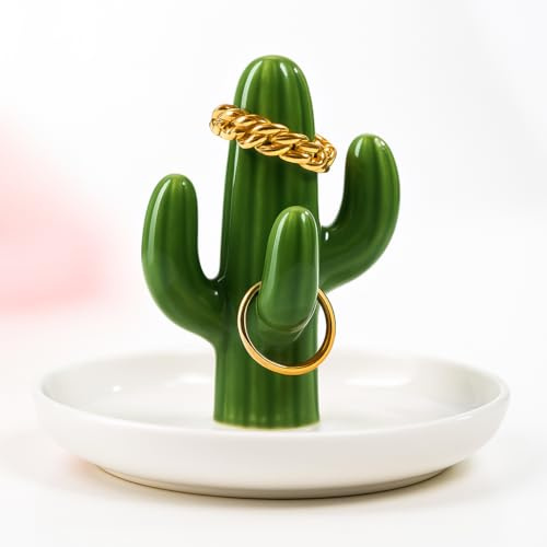 Cactus Ring Holder Ceramic Jewellery Dish – Green Trinket Tray for Rings, Earrings, Bracelets, Necklaces – Decorative Organiser for Bedroom, Bathroom, Vanity, Nightstand or Dressing Table Gift