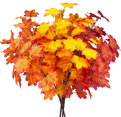SHEPIN 3 Bündel Herbstblumen Künstlich Ahornblätter Zweige 57cm, Kunstblumen Herbst Blumen Herbstblätter Deko Herbststrauß Herbstzweige 3 Farben für Thanksgiving Erntedankfest Halloween Herbstdeko