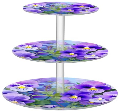Tea Party Cupcake Stand 3 Tier Acrylic Display Cupcake Tower Serving Cake Stands for Party Dessert Tray Donut Wedding Pansy Flowers Purple