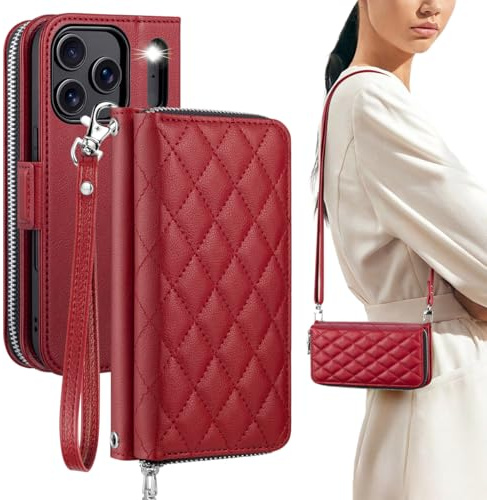 OCASE Portefeuille Étui pour iPhone 17 Pro (6,3'') Rouge Foncé | Non Amovible Coque avec Pochette à Fermeture Éclair, RFID, Housse en Cuir PU, Béquille, Fentes Cartes, Protection Antichoc