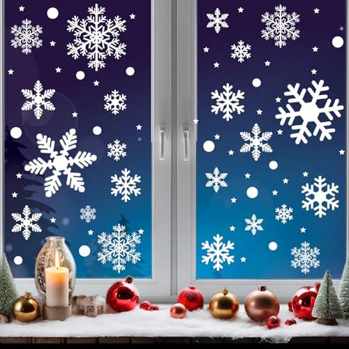 Niviy Grande Pegatinas Navidad Ventanas 228 Piezas PVC Electrostáticas Copos de Nieve Decoración Navideña Cristales Hogar Pegatinas Decoración Reutilizables 6 Hojas Blanco