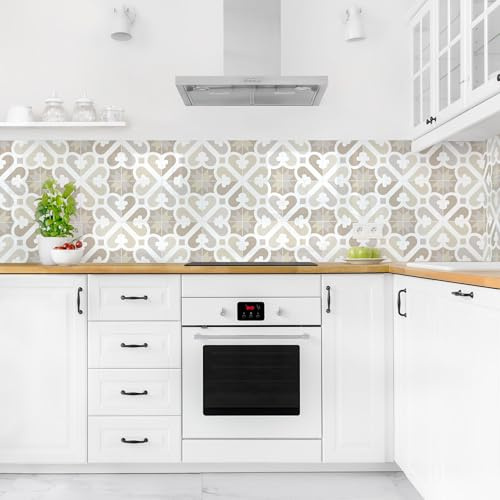 micasia Crédence de cuisine adhésive imperméable à motifs sans joint revêtement mural ornements film rigide mat beige fond de hotte imitation carrelage abstrait 1992 (400x70cm)