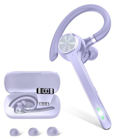 HEIBAS Bluetooth Headset, Wireless Bluetooth Earpiece with 500mAh Charging Case 72 Hours Talking Time Built-in Microphone for iOS Android Cell Phone, V5.1 Hand-Free Headphones for Trucker-Violet